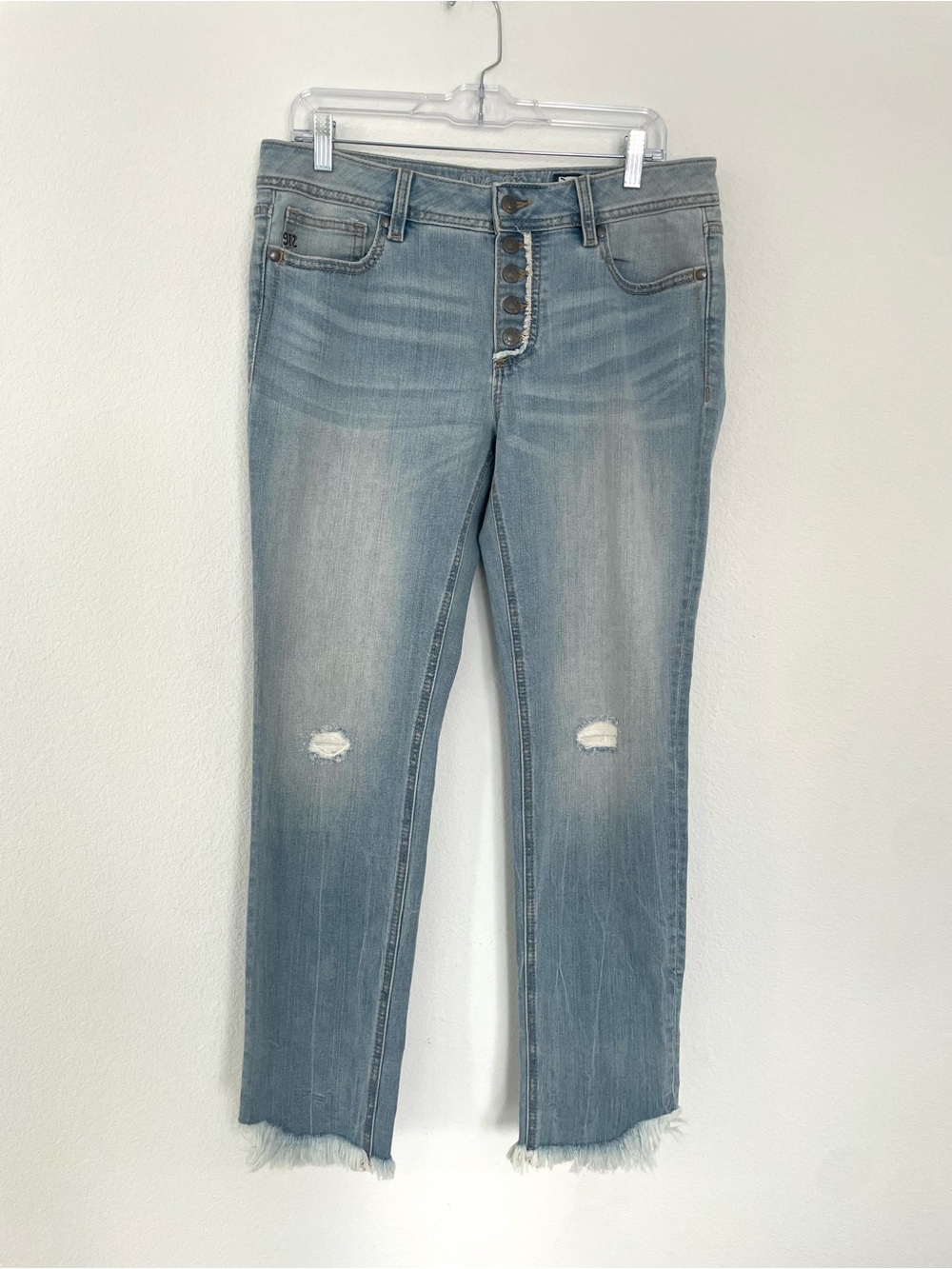 Miss Me Skinny Light Blue Straight Leg Button-Fly Jeans with Knee Distress